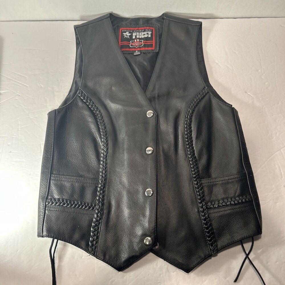 First Classic Women’s Leather Biker Vest Size Small Black Braided Lace Sides